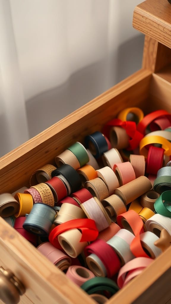Practical Ribbon Organizing Ideas for a More Organized Craft Space (21 Tips) 7 A wooden drawer filled with colorful rolls of ribbon in various shades and textures.