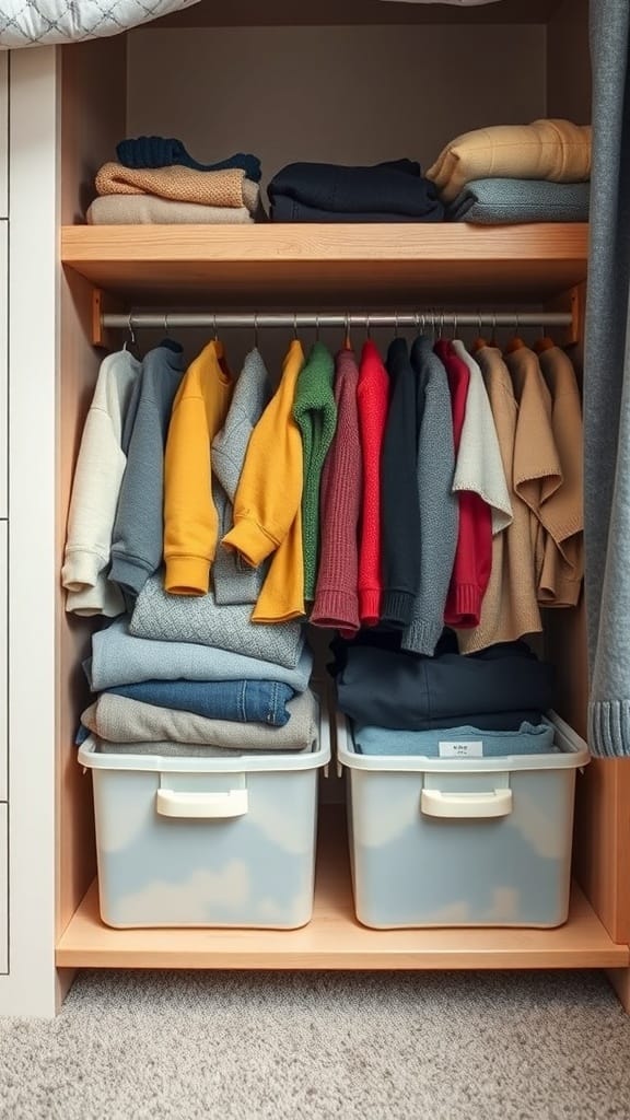 21 Clever Hidden Storage Ideas for a Clutter-Free Home 2 Neatly folded sweaters and storage bins under a bed for organized storage.