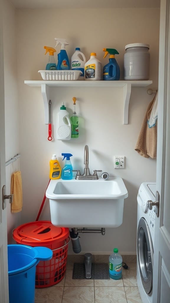 25 Creative Laundry Room Organizing Ideas to Maximize Space 16 A small utility sink in a laundry room with cleaning supplies on a shelf.