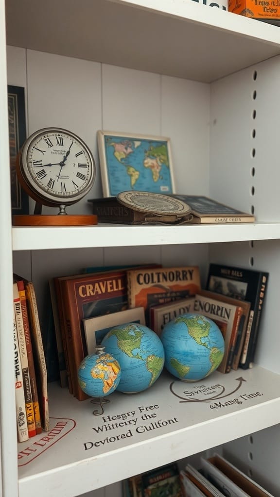 22 Things to Get Rid of for a Clutter-Free Home 19 A shelf displaying old travel souvenirs, including globes and books.
