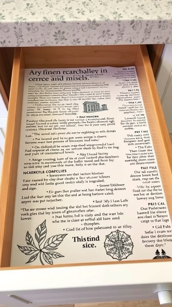 23 Brilliant Kitchen Drawer Organizing Ideas You Need to Try 16 A kitchen drawer lined with a decorative pattern, featuring text and illustrations for easy organization and cleaning.