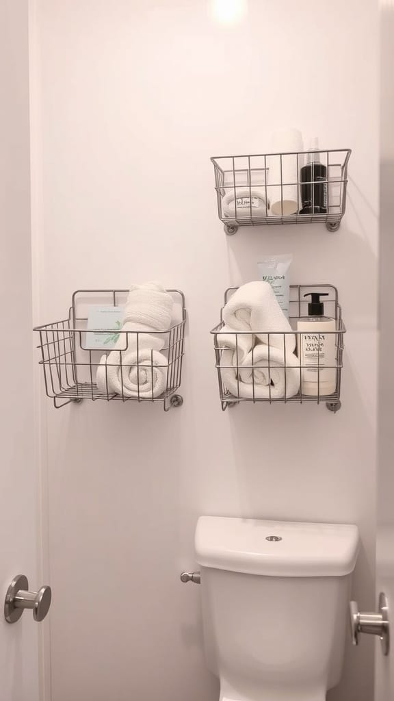 Three wall-mounted wire baskets holding towels and toiletries in a bathroom