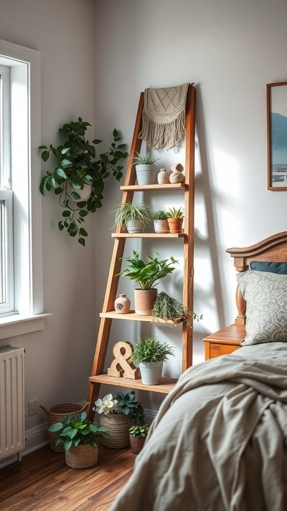 A wooden ladder repurposed as a display stand with potted plants and decorative items in a cozy bedroom.
