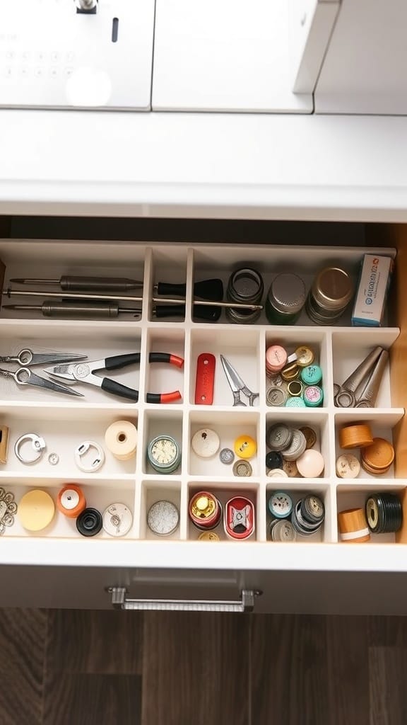 Organized sewing drawer with dividers separating various small items like thread, buttons, and tools.