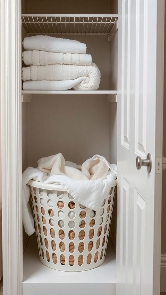 21 Brilliant Linen Closet Organizing Ideas for a Clutter-Free Home 20 An organized linen closet featuring stacked towels and a laundry basket.
