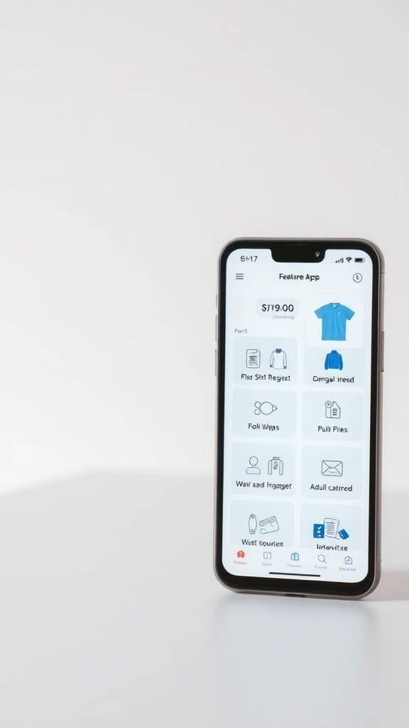 A smartphone displaying a shirt organizing app with various features.