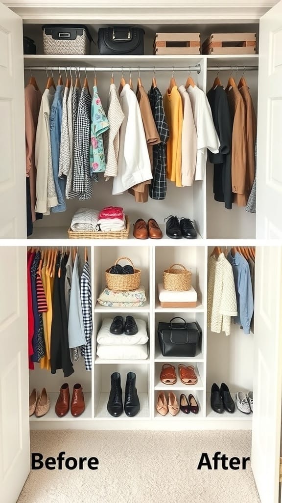 21 Genius Clutter Busting Hacks to Organize Your Home 5 A closet before and after decluttering, showing a messy arrangement on the left and a neatly organized space on the right.