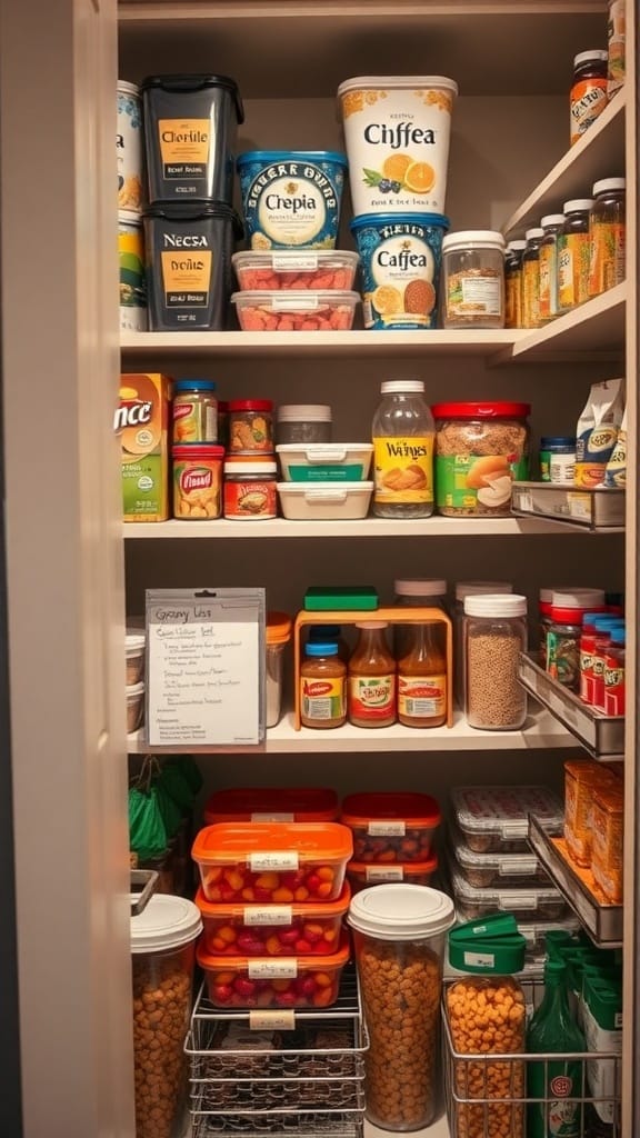 Organized pantry with labeled containers and a grocery list