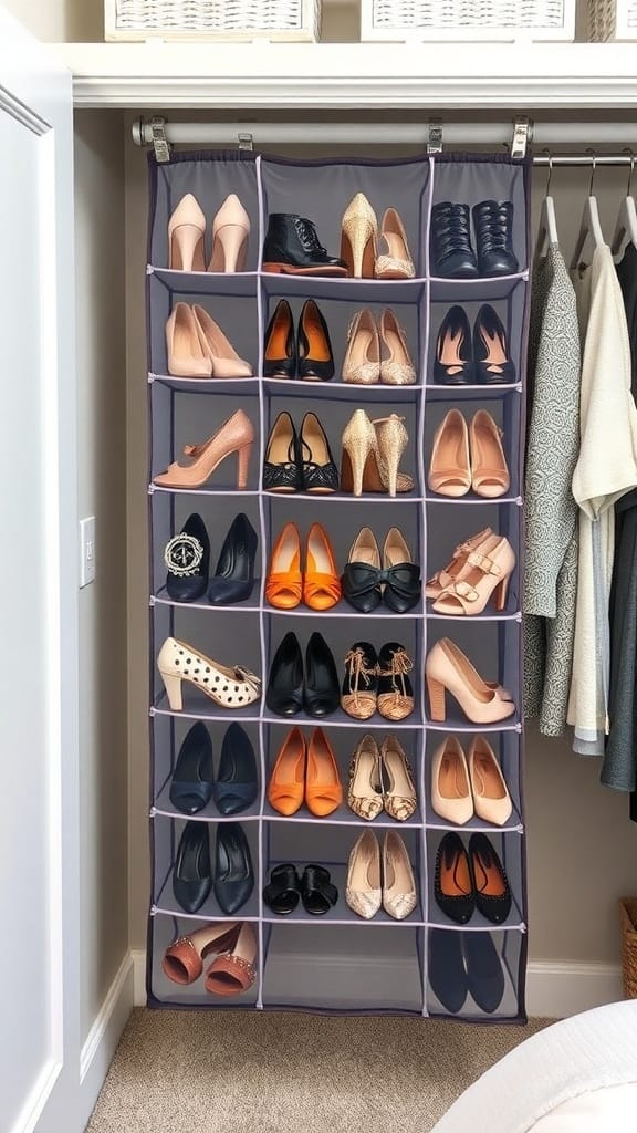 A hanging shoe organizer with multiple compartments filled with various styles of shoes.