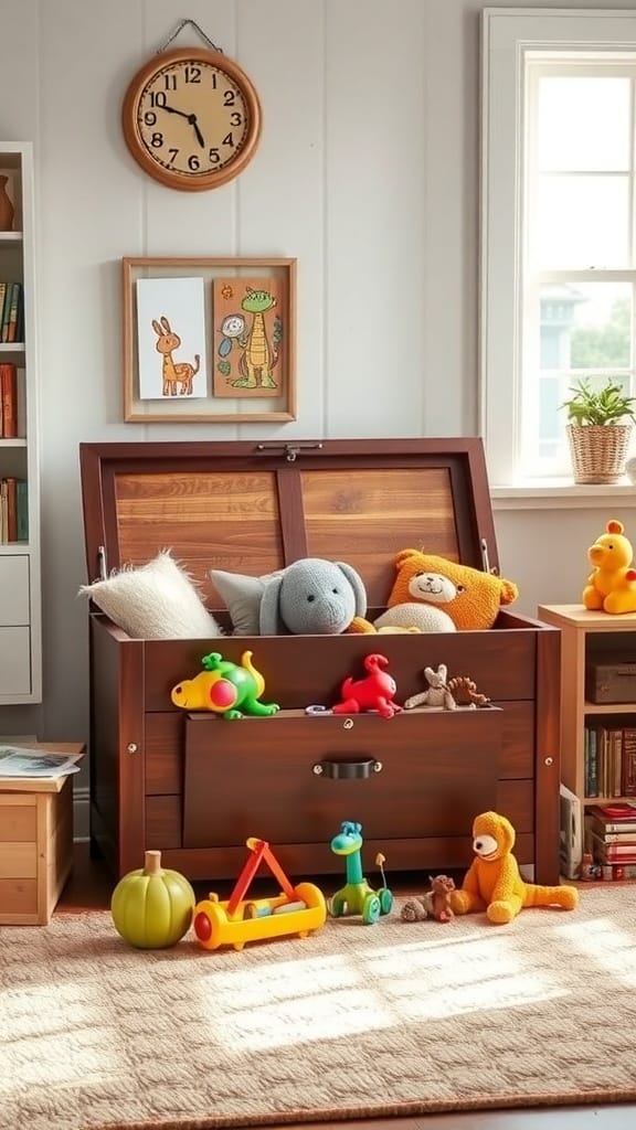 21 Creative Toy Storage Ideas for a Clutter-Free Playroom 4 A wooden toy chest filled with plush toys, serving as both storage and seating in a bright room.