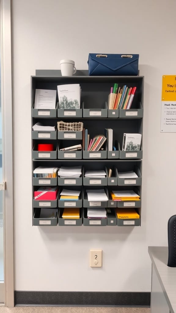 21 Creative Organization Ideas for Your School Office 16 A wall-mounted organizer with various compartments holding papers, pens, and other office supplies.