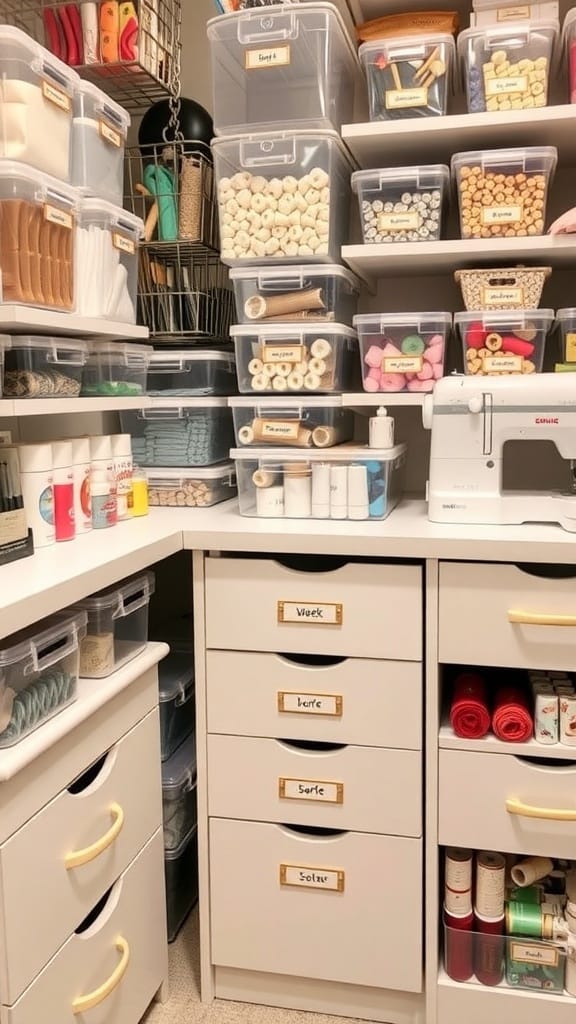 A well-organized sewing room with labeled bins and drawers for easy identification of supplies.