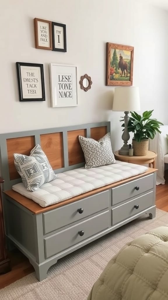 A gray bench with storage drawers, decorated with pillows, next to a lamp and plant.