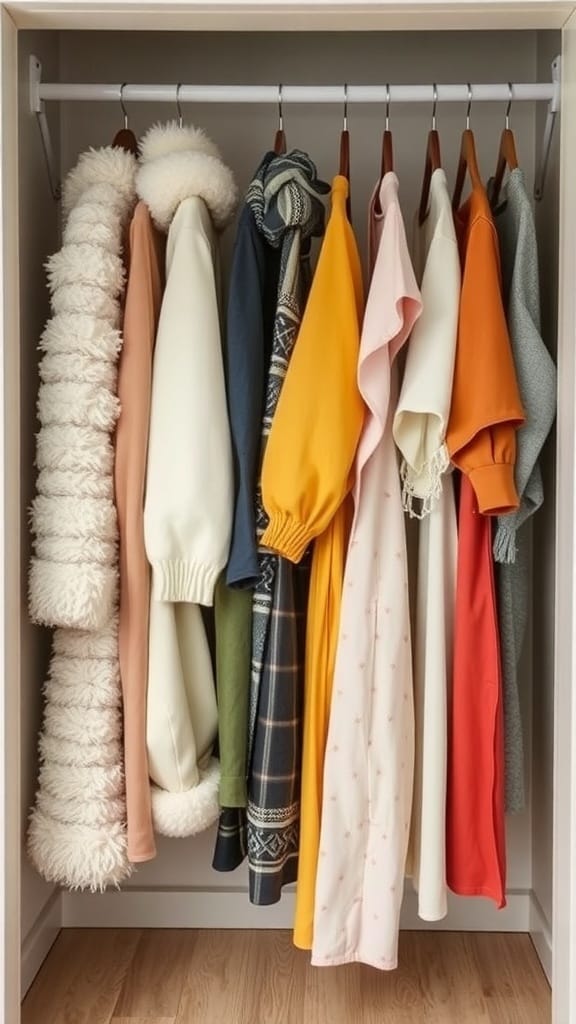 A neatly organized closet with seasonal clothing items hanging in various colors, showcasing winter and spring styles.