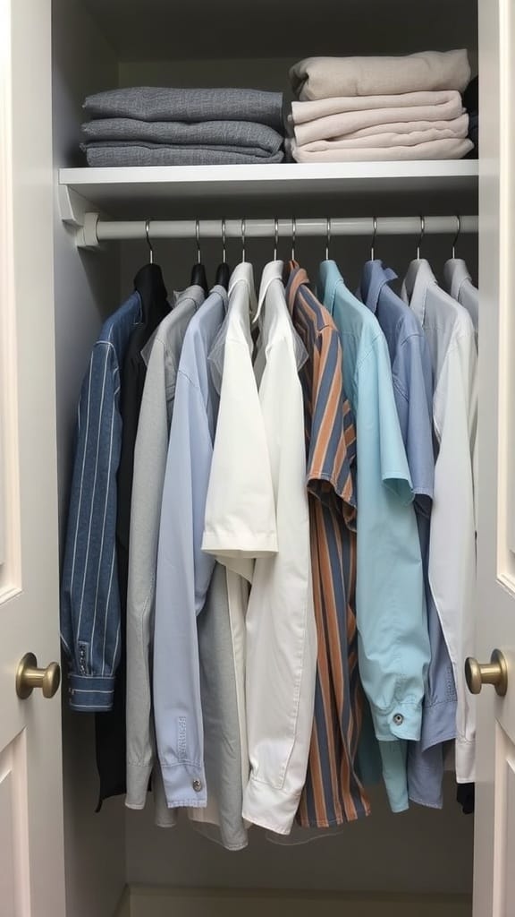 A well-organized closet with neatly hung shirts and folded items on a shelf.
