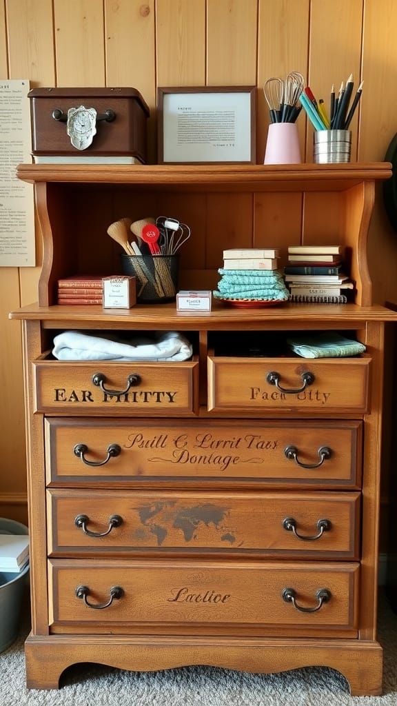 A wooden dresser repurposed for craft storage, featuring colorful pens, tools, and neatly organized supplies.