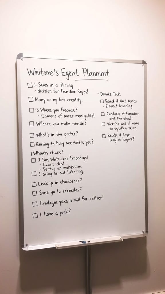 A whiteboard with a casual event planning checklist filled with quirky phrases and tasks.