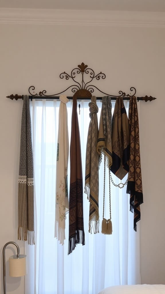 A decorative curtain rod displaying various scarves and accessories in a bedroom setting.