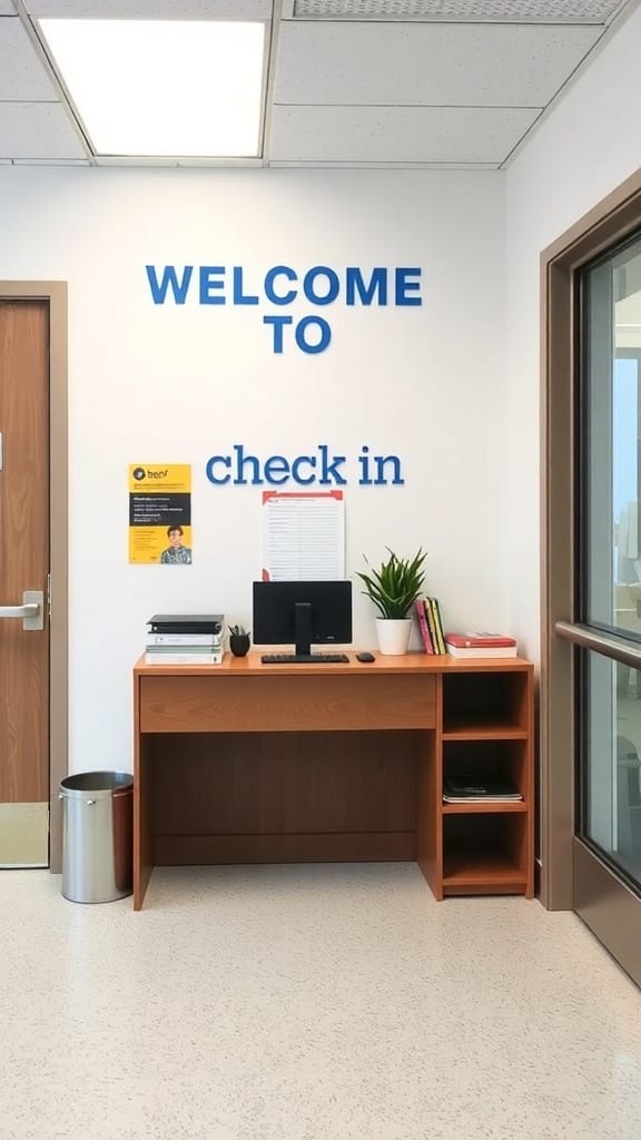 21 Creative Organization Ideas for Your School Office 21 Visitor check-in area with a desk, computer, and welcoming signage.