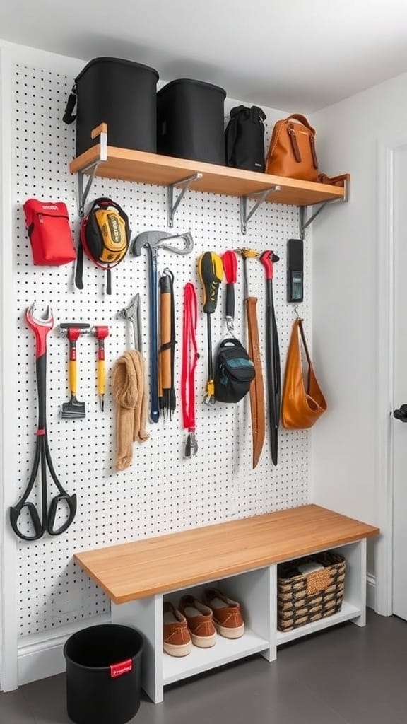 A mudroom with a pegboard featuring tools, bags, and storage bins, along with a wooden bench.