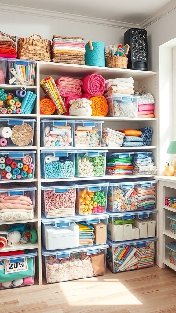 A well-organized sewing room with clear storage bins filled with colorful fabrics and supplies.