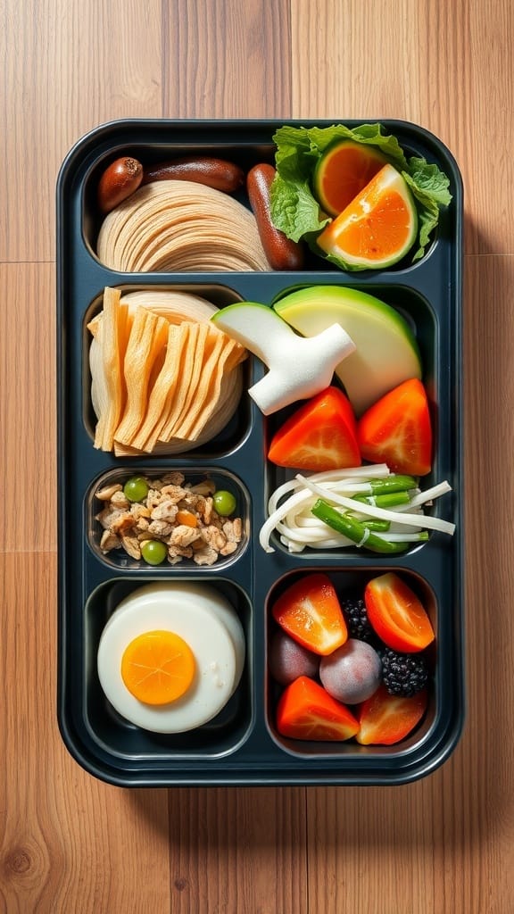 22 Creative Japanese Home Organization Ideas for a Clutter-Free Space 18 A neatly arranged bento box with various ingredients including sausages, vegetables, and fruits.