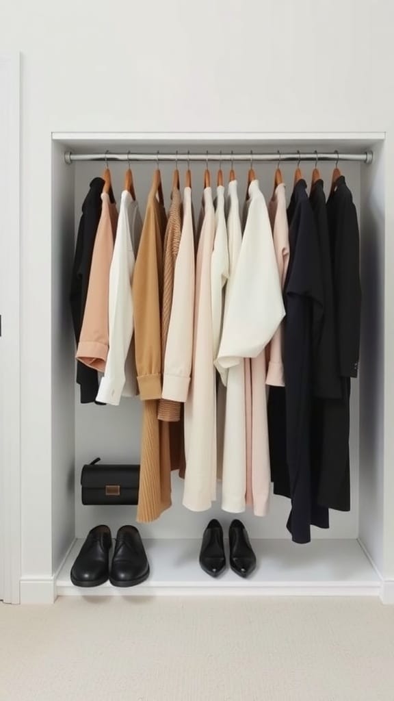 22 Genius Closet Organization Hacks You Need to Try 16 A neatly organized closet featuring a selection of neutral-colored tops and shoes, showcasing a capsule wardrobe.