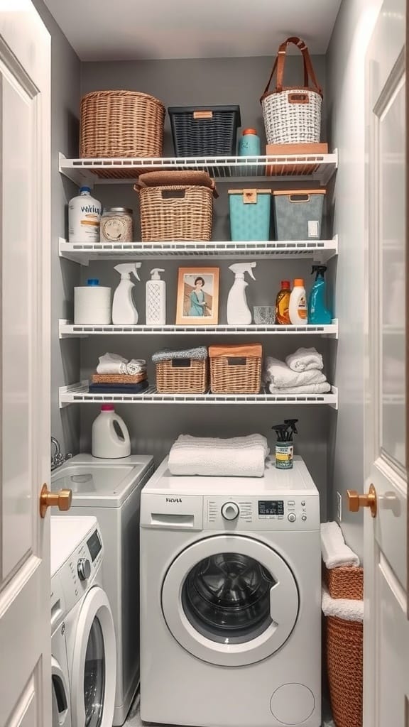 25 Creative Laundry Room Organizing Ideas to Maximize Space 6 A well-organized laundry room with shelves displaying baskets and cleaning supplies.