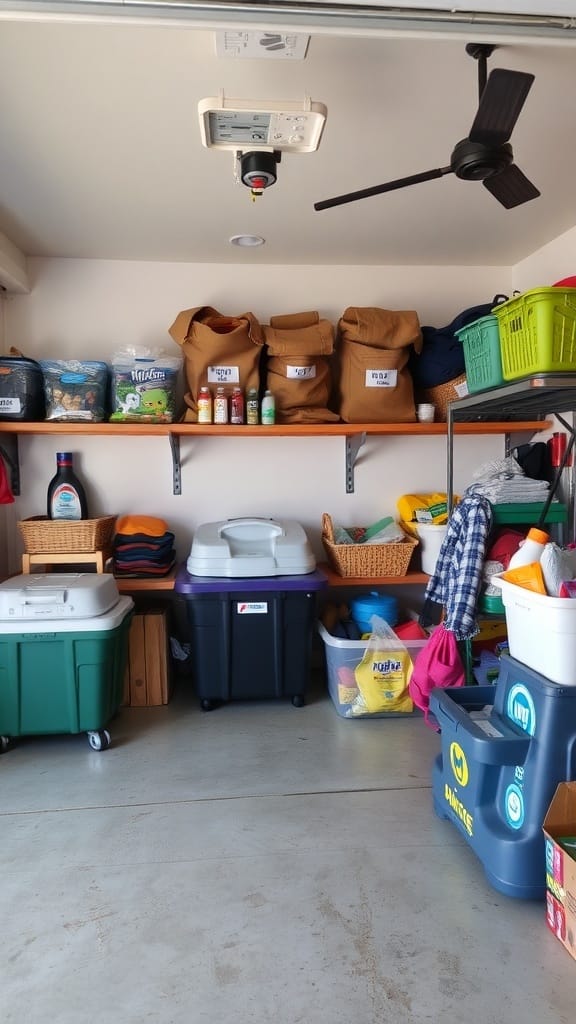 A well-organized garage with labeled bins and containers on shelves, showcasing effective seasonal item storage.