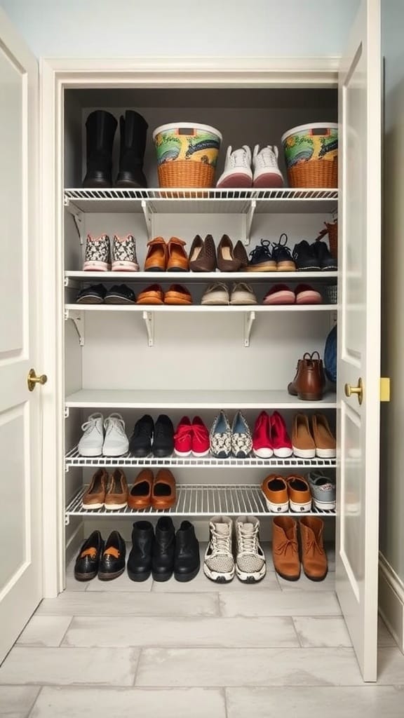 25 Creative Laundry Room Organizing Ideas to Maximize Space 19 Organized shoe storage in a laundry room with shelves and bins.