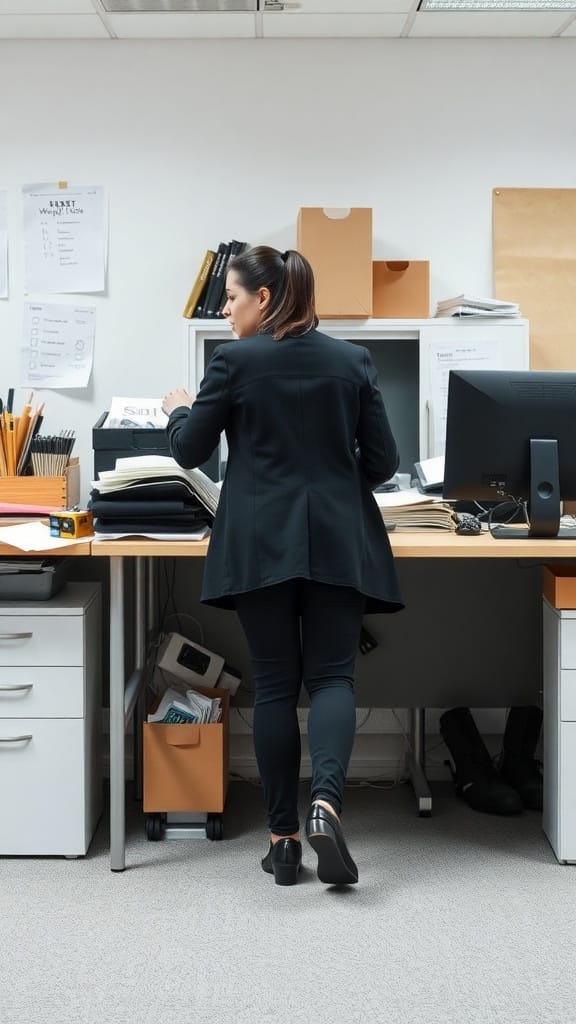 A woman organizing her office supplies and decluttering her workspace.