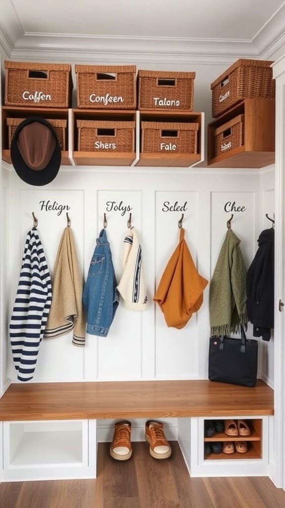 Organized mudroom with labeled baskets and hooks for coats