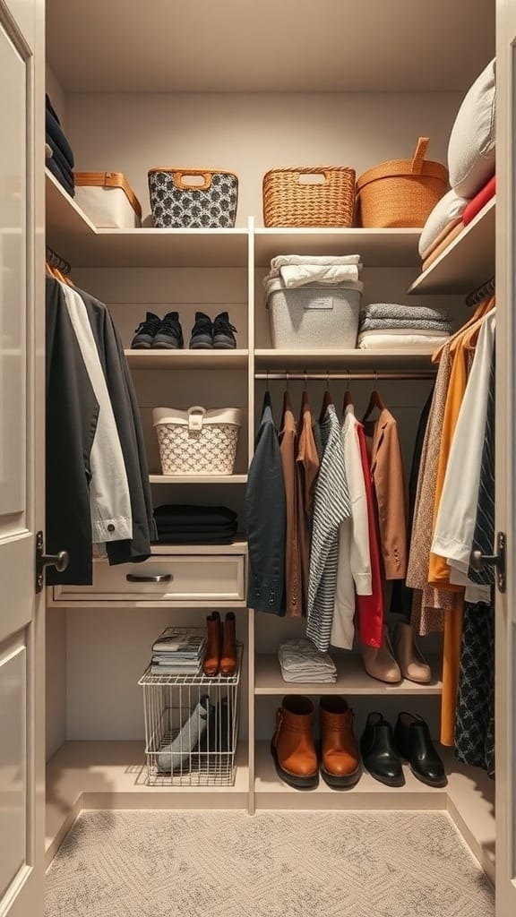 A well-organized closet with shelves, hanging clothes, and storage bins.