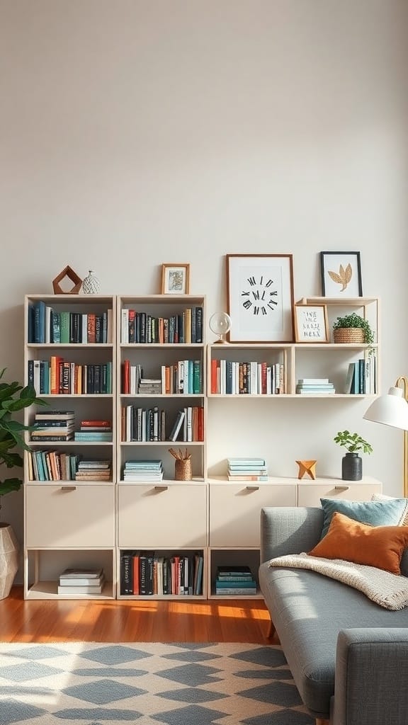 Stylish IKEA shelving unit filled with books and decorative items in a cozy living room.