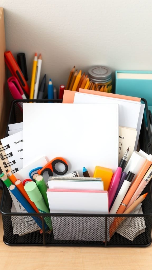 A caddy filled with various office supplies including pens, markers, scissors, and paper.