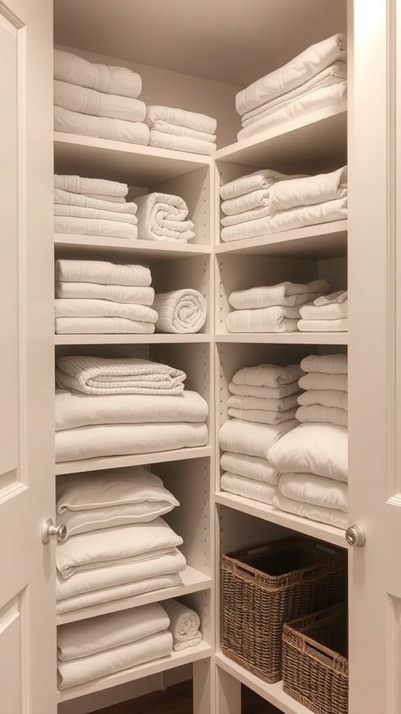 21 Brilliant Linen Closet Organizing Ideas for a Clutter-Free Home 4 Organized linen closet with neatly stacked towels and bedding on shelves