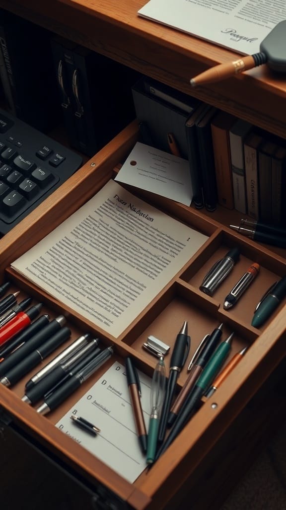 An organized desk drawer with trays holding pens, papers, and office supplies.