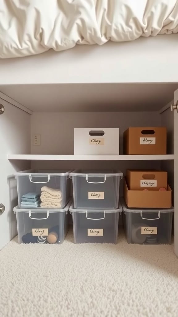 Organized under-bed storage with clear bins and labeled boxes
DIY Bedroom Organization Ideas 