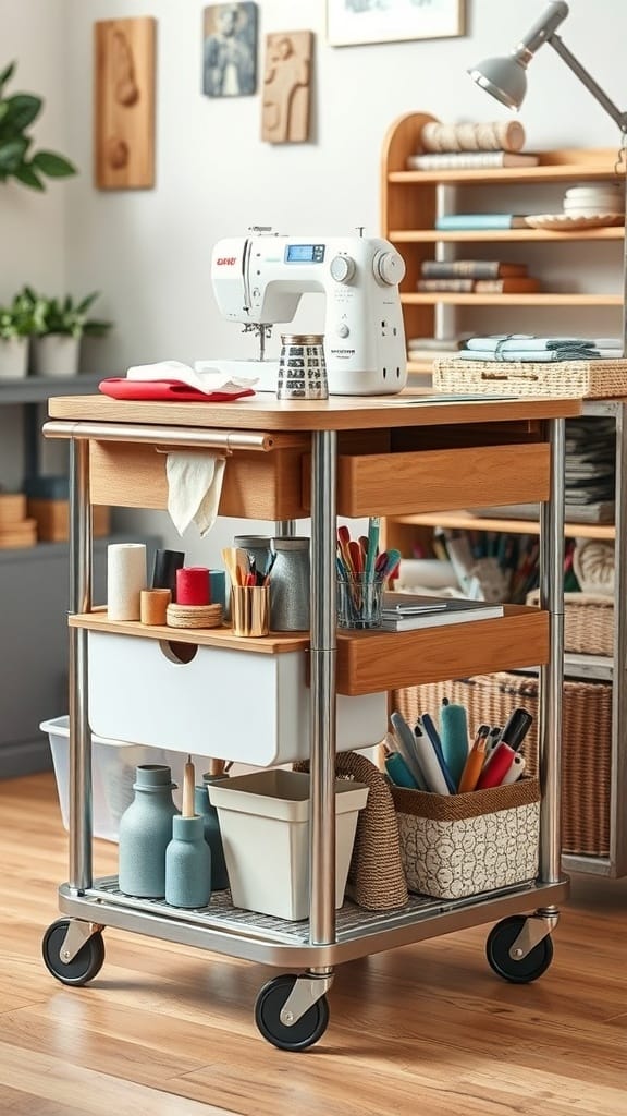 A rolling cart in a sewing room with a sewing machine and organized supplies.