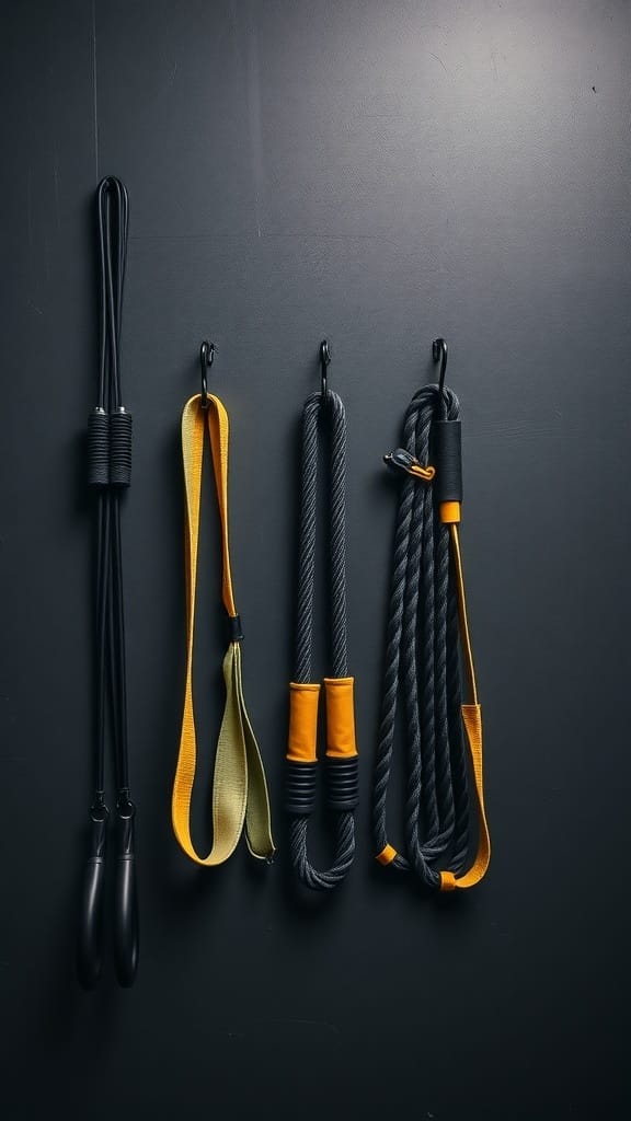 Hooks displaying neatly organized resistance bands and jump ropes on a wall.
