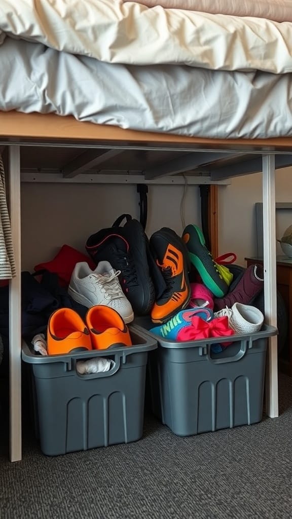 Under-bed storage with bins containing various shoes and workout gear.