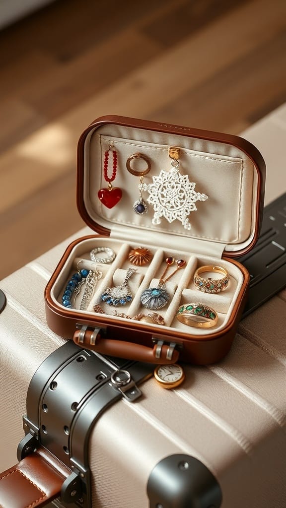 A travel jewelry case filled with various jewelry pieces, placed on a suitcase.