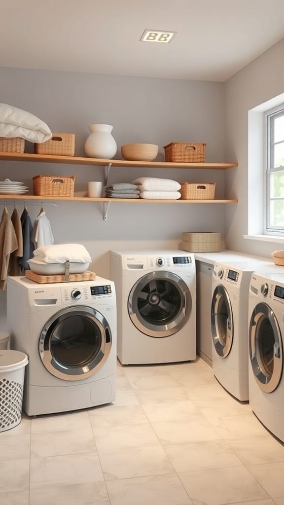 25 Creative Laundry Room Organizing Ideas to Maximize Space 22 Organized laundry room with shelves, baskets, and washing machines.