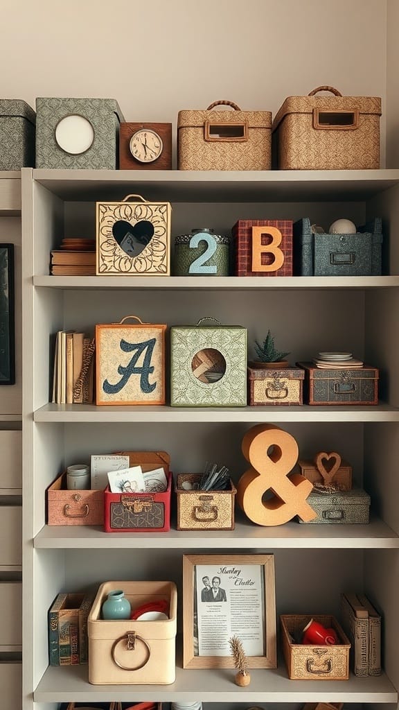 21 Clever Hidden Storage Ideas for a Clutter-Free Home 19 A shelf filled with decorative storage boxes of various designs and colors.