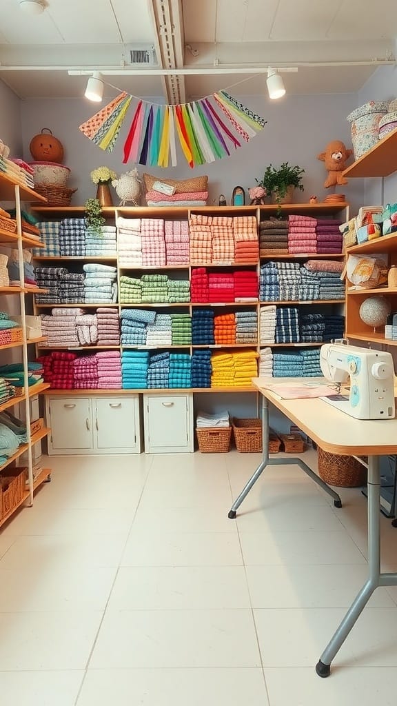 A bright sewing room filled with neatly stacked fabrics in various colors, showcasing an organized and inviting workspace.