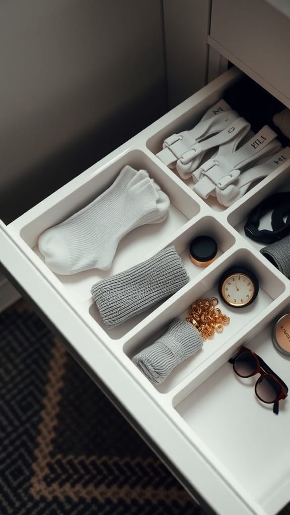 Organized drawer with white dividers holding socks, accessories, and a clock