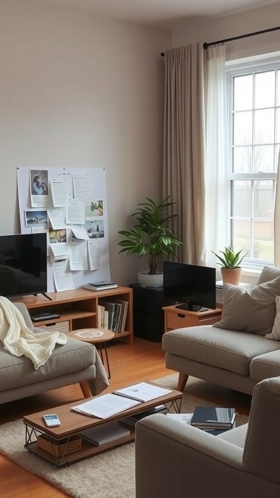 A cozy living room with a bulletin board, plants, and minimal clutter.
