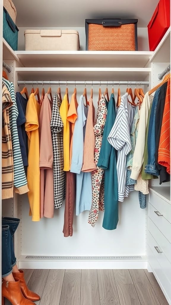 A well-organized closet with colorful shirts hanging on hangers and storage boxes on the shelves.