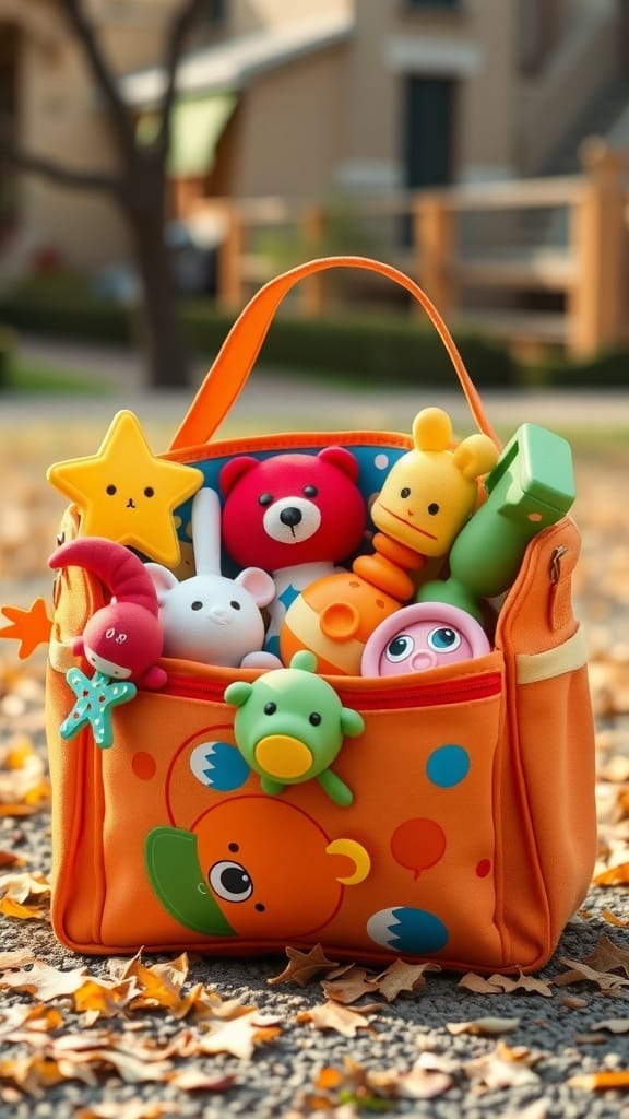 21 Creative Toy Storage Ideas for a Clutter-Free Playroom 19 An orange portable toy bag filled with colorful toys, set against a backdrop of autumn leaves.