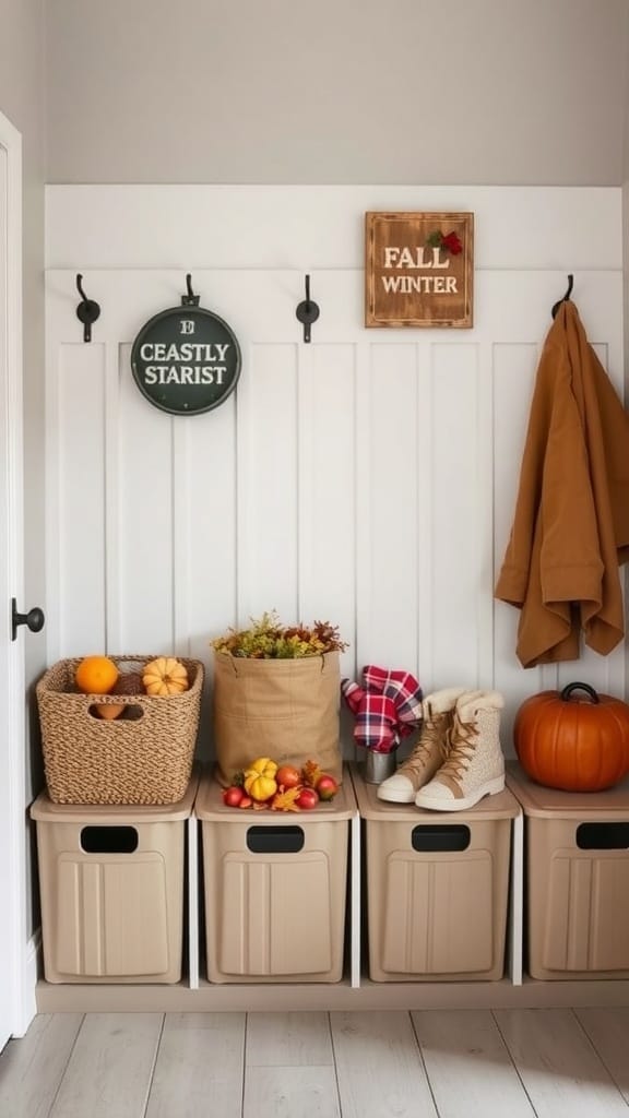 A cozy mudroom with seasonal decorations, including pumpkins and warm boots, organized with storage bins and hooks.